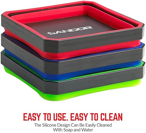 SANDOR Pack of 3 Magnetic Parts Trays for Small Metal Parts - 4.25 Inch Square - Red/Blue/Green