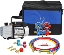 HZAUTOS 1/3HP Single-Stage Vacuum Pump & Aluminum Manifold Gauge Set Kit for HVAC A/C Maintenance - 4CFM