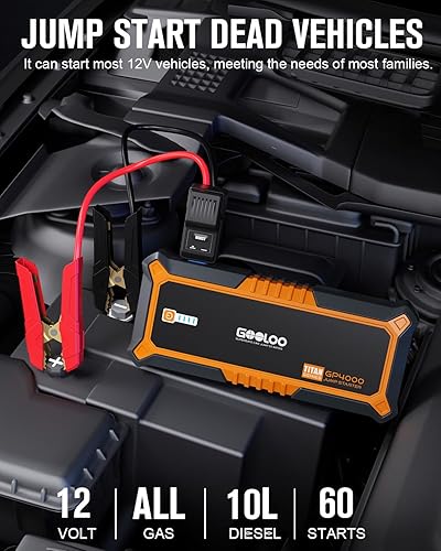 GOOLOO 4000A Peak Car Jump Starter: SuperSafe Lithium Jump Box for All Vehicles, USB & Type C Ports (Orange)