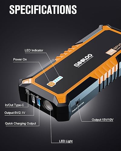 GOOLOO 4000A Peak Car Jump Starter: SuperSafe Lithium Jump Box for All Vehicles, USB & Type C Ports (Orange)