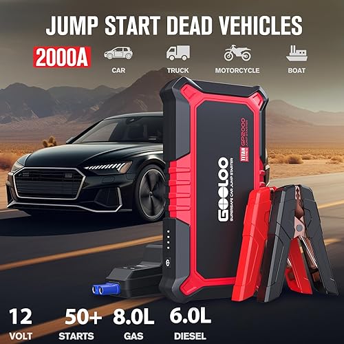 GOOLOO GP2000 Jump Starter - 12V 2000A Car Jumper (Up to 8.0L Gas, 6.0L Diesel) - Portable Battery Charger - USB Quick Charge - Red