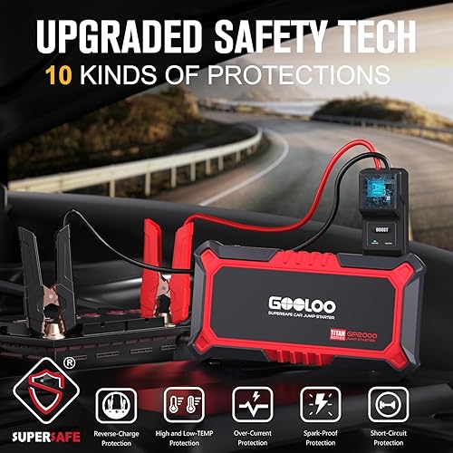 GOOLOO GP2000 Jump Starter - 12V 2000A Car Jumper (Up to 8.0L Gas, 6.0L Diesel) - Portable Battery Charger - USB Quick Charge - Red