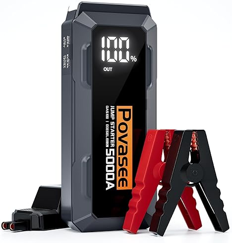 Povasee 5000A Car Battery Jump Starter for All Gas & 10L Diesel Engines - Portable Power Bank with LCD Display & LED Light