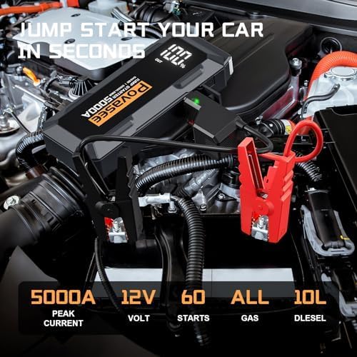 Povasee 5000A Car Battery Jump Starter for All Gas & 10L Diesel Engines - Portable Power Bank with LCD Display & LED Light