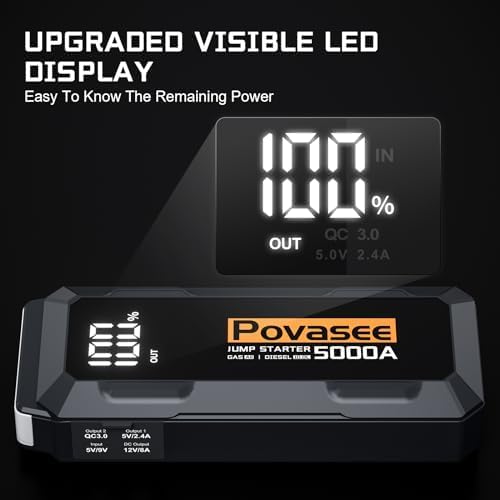 Povasee 5000A Car Battery Jump Starter for All Gas & 10L Diesel Engines - Portable Power Bank with LCD Display & LED Light