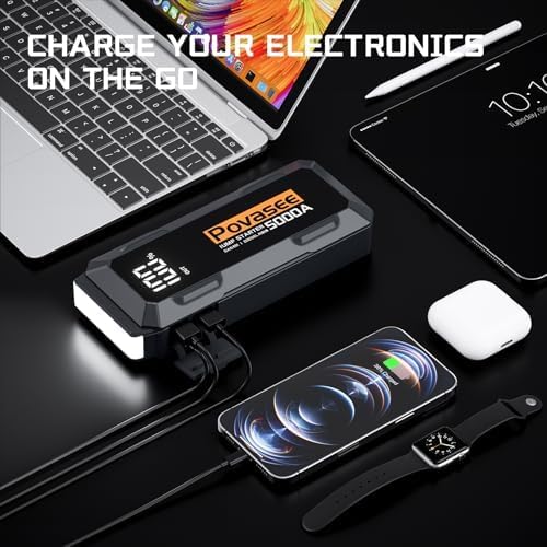 Povasee 5000A Car Battery Jump Starter for All Gas & 10L Diesel Engines - Portable Power Bank with LCD Display & LED Light