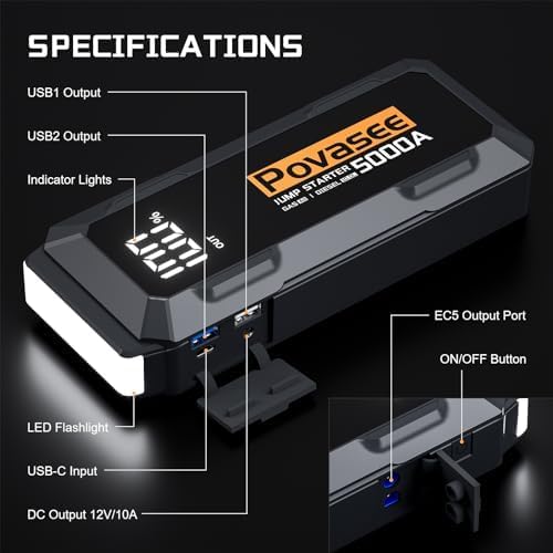 Povasee 5000A Car Battery Jump Starter for All Gas & 10L Diesel Engines - Portable Power Bank with LCD Display & LED Light