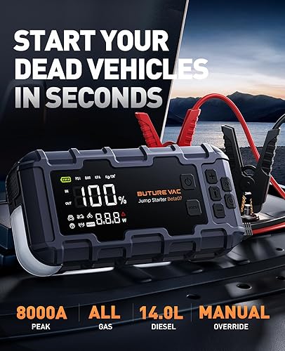 BuTure 10-in-1 Portable Car Battery Jump Starter with Air Compressor - 8000A, 160 PSI, Charger - Gas & Diesel, Jumper Cables, Gloves, Lights