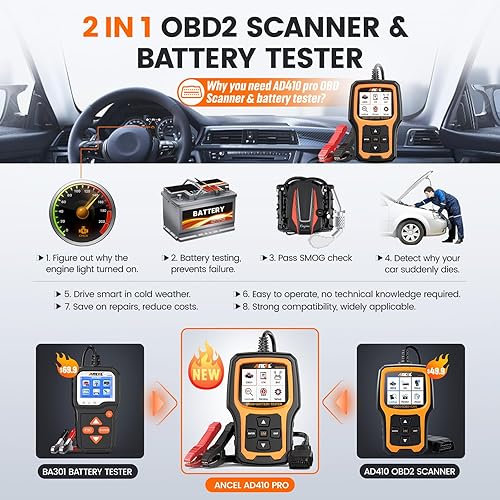 ANCEL AD410 PRO OBD2 Scanner & Battery Tester - Car Diagnostic Tool, Live Data, Battery Analyzer