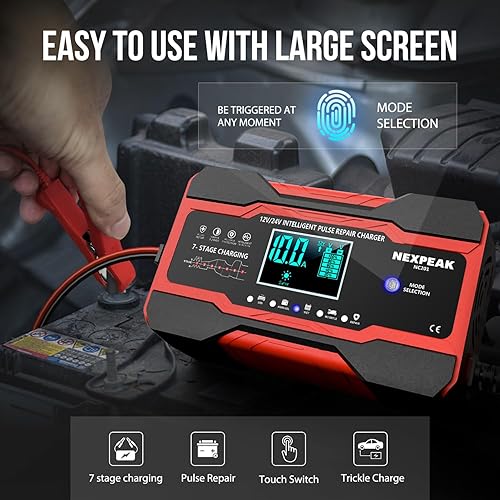 NEXPEAK NC201 Smart 10-Amp Battery Charger for Car Truck Boat, 12V 24V Automatic Maintainer w/ Desulfator & Temp Compensation