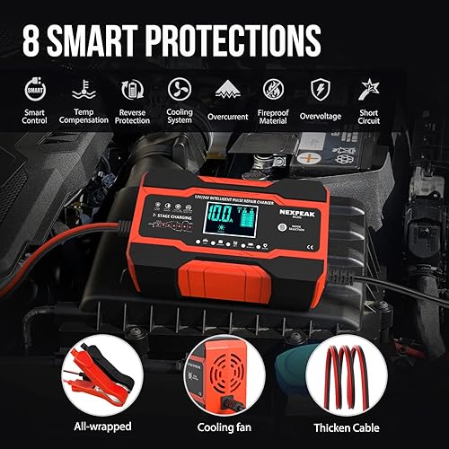 NEXPEAK NC201 Smart 10-Amp Battery Charger for Car Truck Boat, 12V 24V Automatic Maintainer w/ Desulfator & Temp Compensation