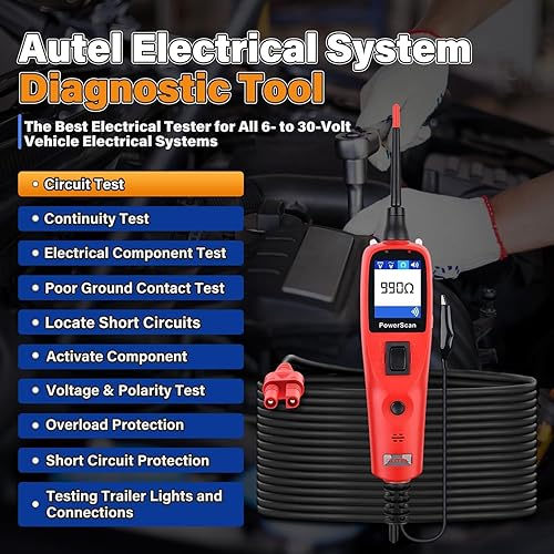 Autel PowerScan PS100 Circuit Tester 2.0, 12-24V Probe Tool w/ 20ft Cable - Automotive Electrical Finder