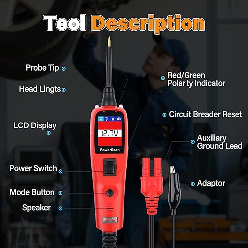 Autel PowerScan PS100 Circuit Tester 2.0, 12-24V Probe Tool w/ 20ft Cable - Automotive Electrical Finder