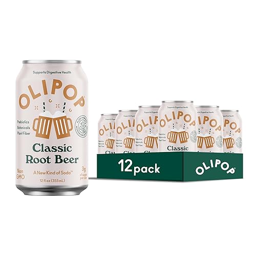 OLIPOP Classic Root Beer Prebiotic Soda, Pantry Pack with Prebiotics, Fiber & Botanicals, Gluten-Free, Vegan, GMO-Free, 12oz (12-Cans)