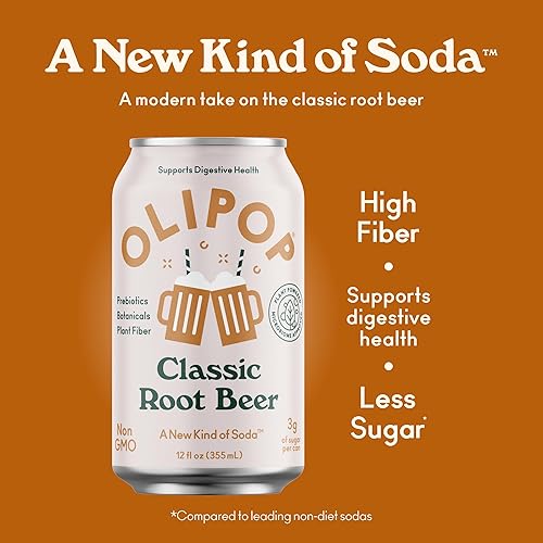OLIPOP Classic Root Beer Prebiotic Soda, Pantry Pack with Prebiotics, Fiber & Botanicals, Gluten-Free, Vegan, GMO-Free, 12oz (12-Cans)
