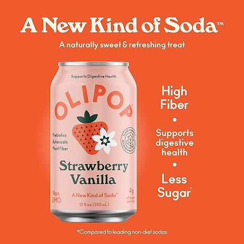 OLIPOP Prebiotic Soda, 12oz (12-Cans), Gluten-Free, Vegan, GMO-Free Strawberry Vanilla