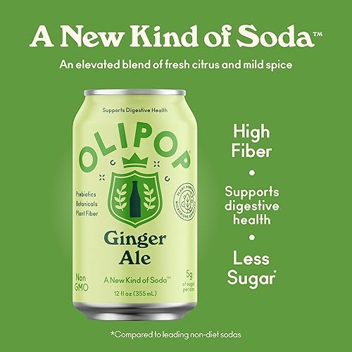 OLIPOP Ginger Ale Prebiotic Soda, Pantry Pack with Fiber & Botanicals, Gluten-Free, Vegan, GMO-Free, 12oz (12-Cans)