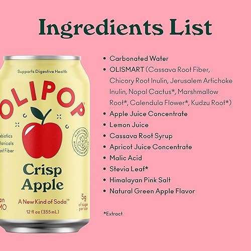 OLIPOP Crisp Apple Prebiotic Soda - 12oz (12-Cans), Gluten-Free, Vegan