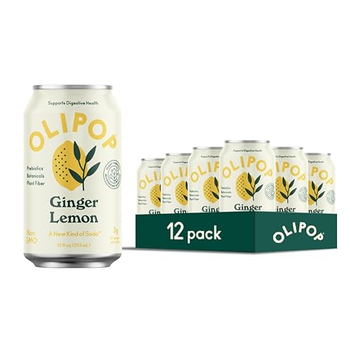 OLIPOP Ginger Lemon Prebiotic Soda - Gluten-Free, Vegan, GMO-Free - 12oz (12 Cans