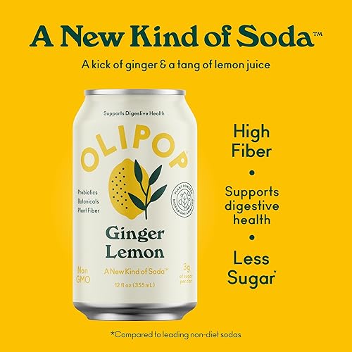OLIPOP Ginger Lemon Prebiotic Soda - Gluten-Free, Vegan, GMO-Free - 12oz (12 Cans