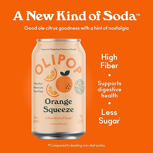 OLIPOP Orange Squeeze Prebiotic Soda - Gluten-Free, Vegan, 12oz (12-Cans)