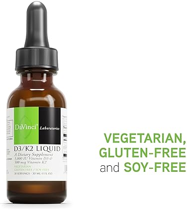 DaVinci Labs D3 K2 Liquid Vitamin Supplement - Bone Health Heart Support Calcium Absorption - 30mL