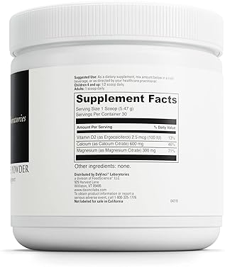DaVinci Labs Vegetarian Cal-Mag Citrate Powder for Bone Health - Vitamin D2, Magnesium & Calcium - Gluten-Free - 30 Servings