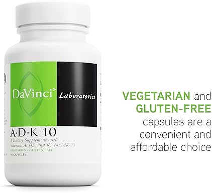 DaVinci Labs ADK 10 - Bone, Heart & Immune Health Support - Vitamin A, D3, K2 - Vegetarian - 90 Capsules