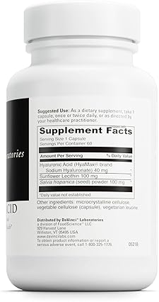 Davinci Labs Hyaluronic Acid Dietary Supplement - Joint, Cartilage, and Skin Support - Gluten-Free - 60 Caps