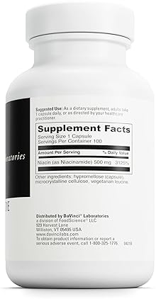 Davinci Labs Niacinamide Supplement - 500mg Vitamin B3 for Circulation & Skin - Gluten-Free - 100 Capsules