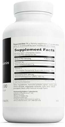DaVinci Labs CoQ10 - DMG 300/300 Chewable Tablets - Heart Health & Energy Support - CoQ10 & Vitamin E - Vegetarian - Gluten-Free