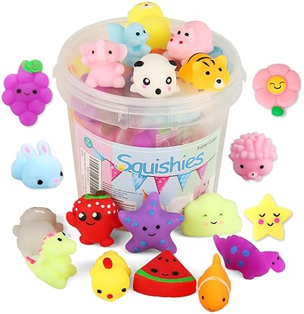 KINGYAO Kids Mochi Squishy Toy Set: 24pcs Mini Kawaii Stress Reliever Toys with Storage Box