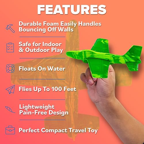 Refresh Sports Kids Foam Airplanes - Fun Glider Toys for Ages 4-10+ - Best Toy Gift for Boys & Girls - Small Birthday Party Favors - Airplane Gift Idea