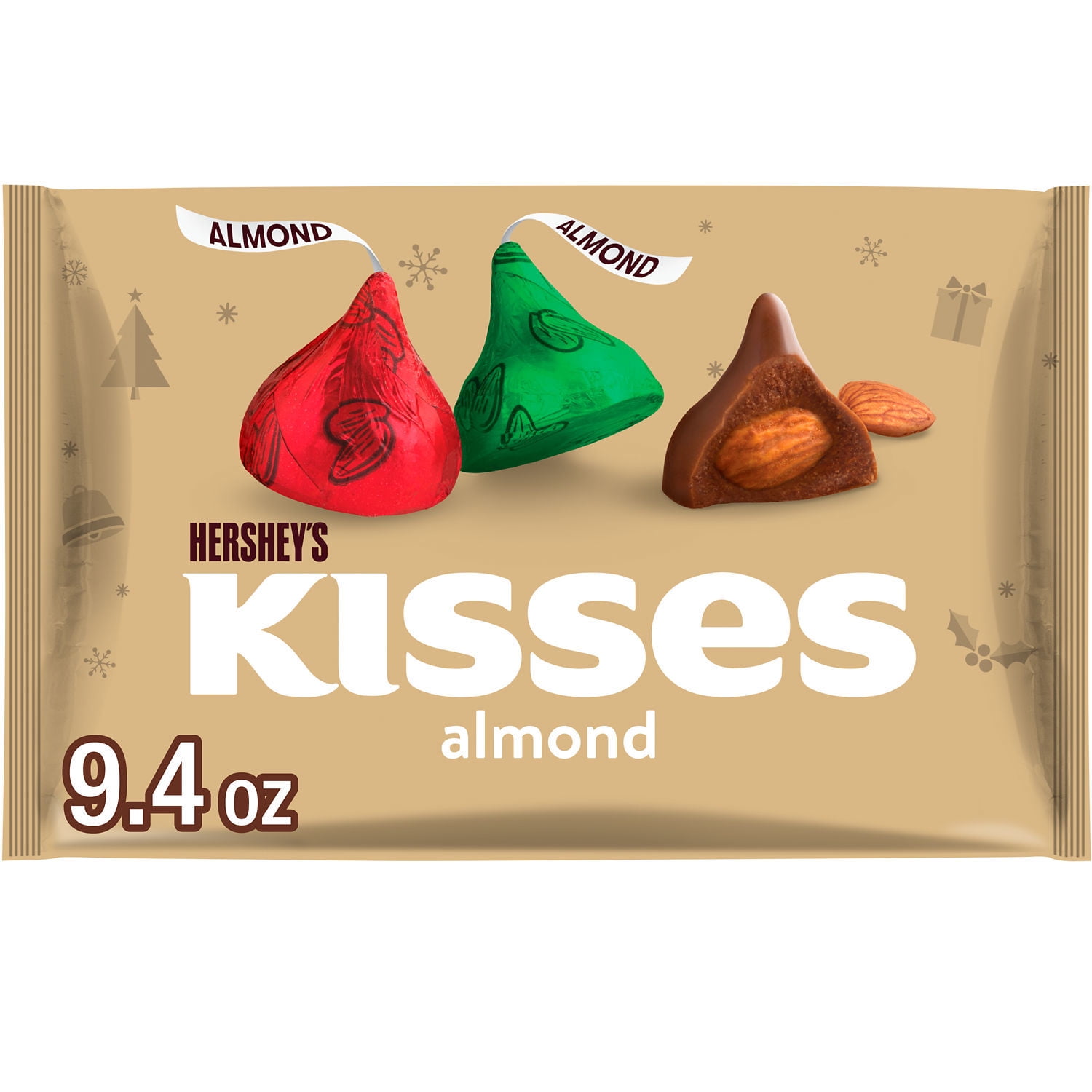 Hershey's Kisses Milk Chocolate Almonds Christmas Candy 9.4 oz Bag