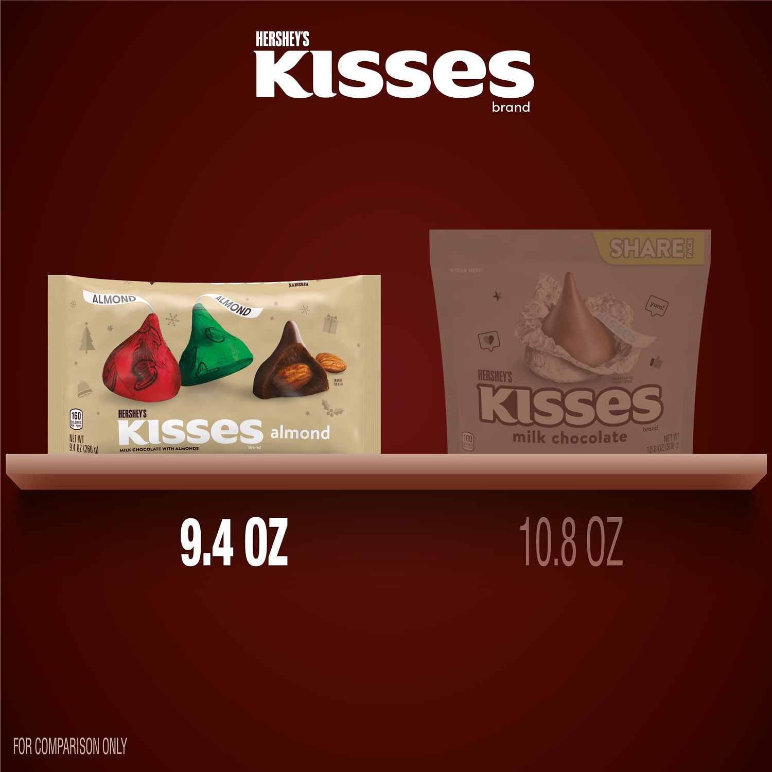 Hershey's Kisses Milk Chocolate Almonds Christmas Candy 9.4 oz Bag
