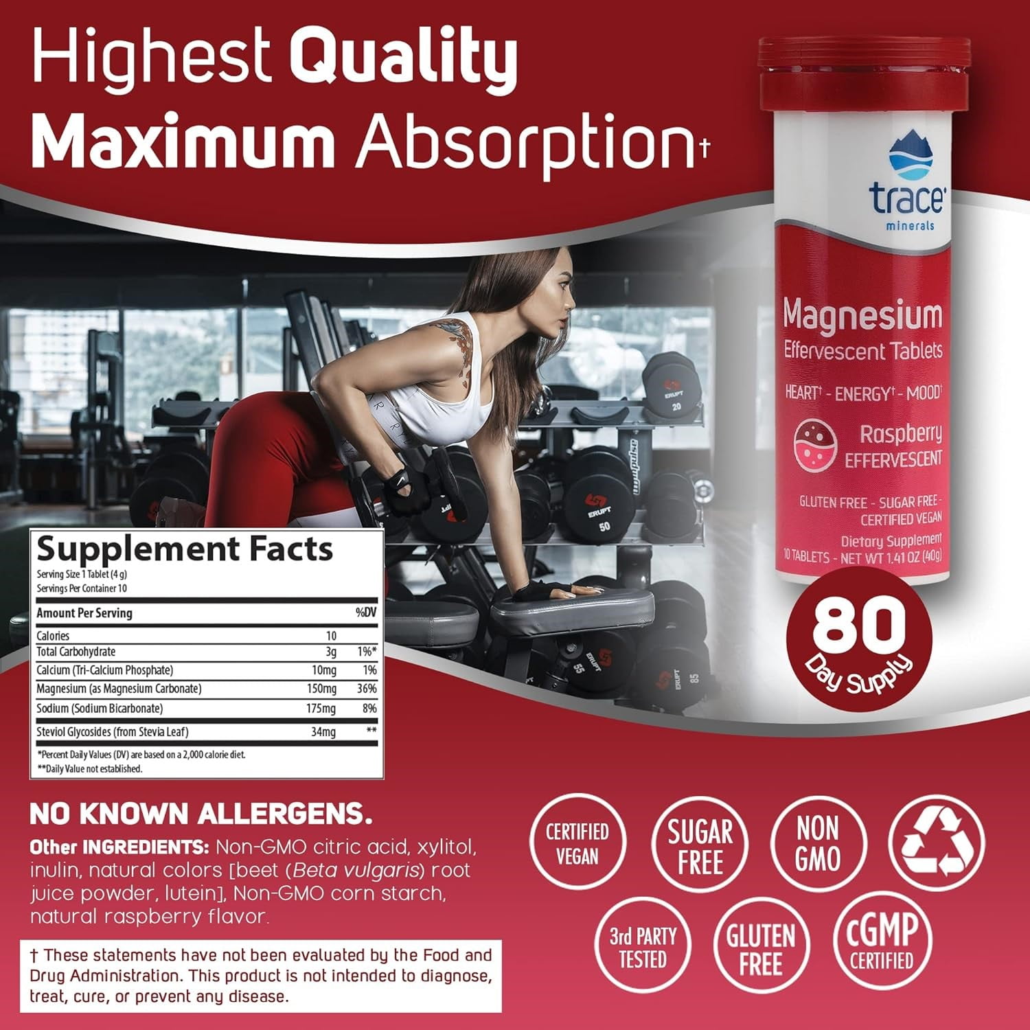 Trace Minerals Raspberry Flavored Magnesium Effervescent Tablets | 150mg per Serving | 80 Tablets