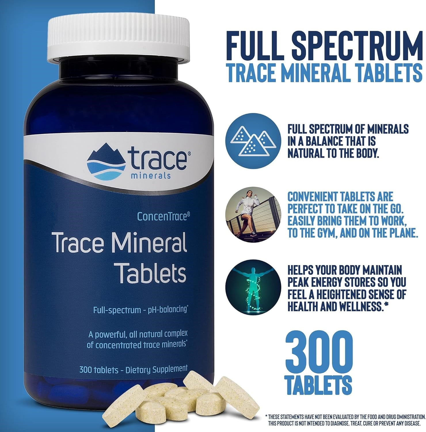 Trace Minerals ConcenTrace Tablets | Full Spectrum Ionic Minerals Supplement | Magnesium, Chloride, Potassium | Energy & Hydration Boost | 300 Tablets