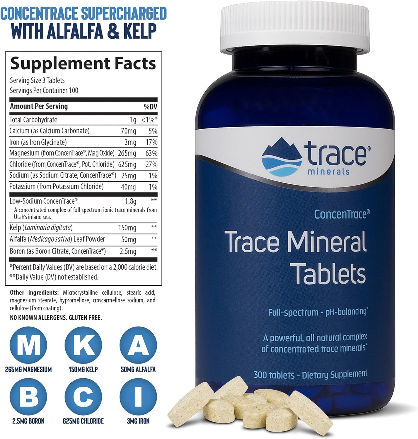 Trace Minerals ConcenTrace Tablets | Full Spectrum Ionic Minerals Supplement | Magnesium, Chloride, Potassium | Energy & Hydration Boost | 300 Tablets