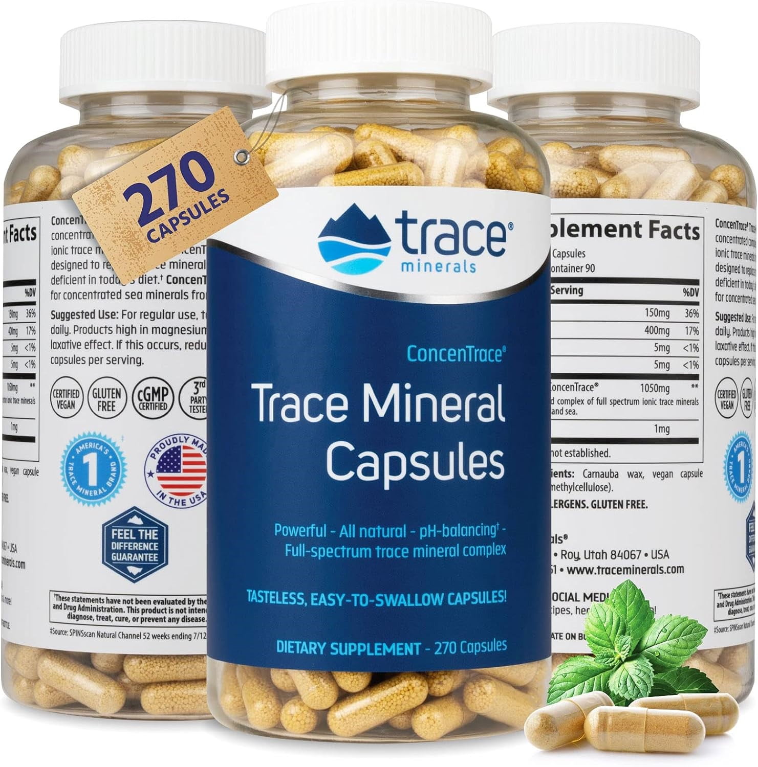 Trace Minerals ConcenTrace Low-Sodium Capsules | Daily Magnesium & Potassium Supplement | Full Spectrum Electrolytes | Vegan | Non GMO | Gluten Free | 270 Caps
