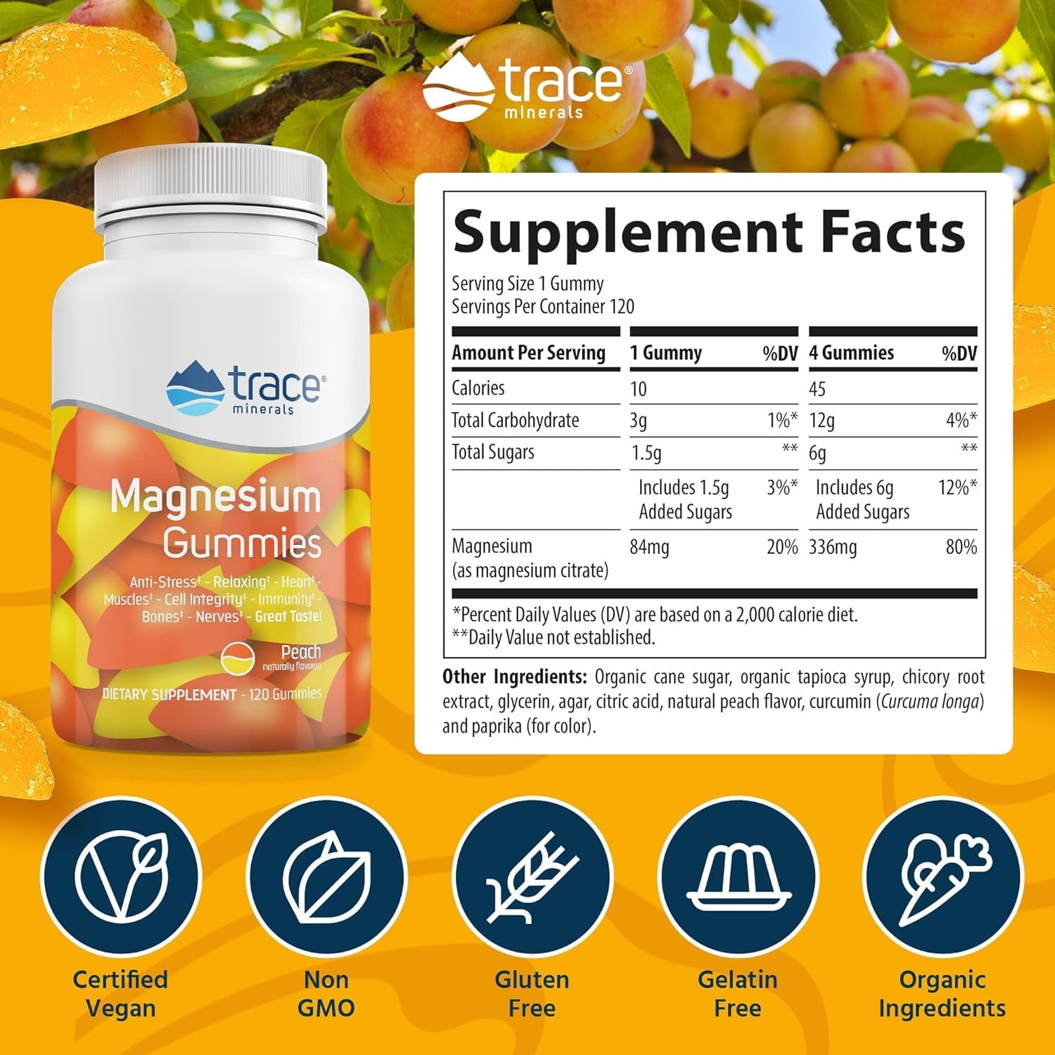 Trace Minerals Low-Sugar Magnesium Gummies 120ct | 84mg Citrate | Natural Sleep, Muscle, Mood Support | Peach