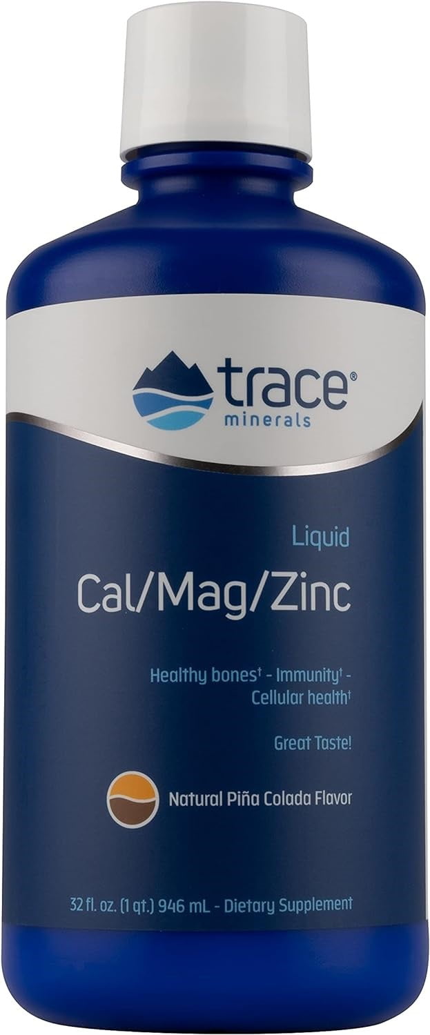 Trace Minerals Liquid Cal/Mag/Zinc Supplement | Supports Tissue, Muscle, Bone Density | Piña Colada Flavor | 64 Servings, 32 fl oz