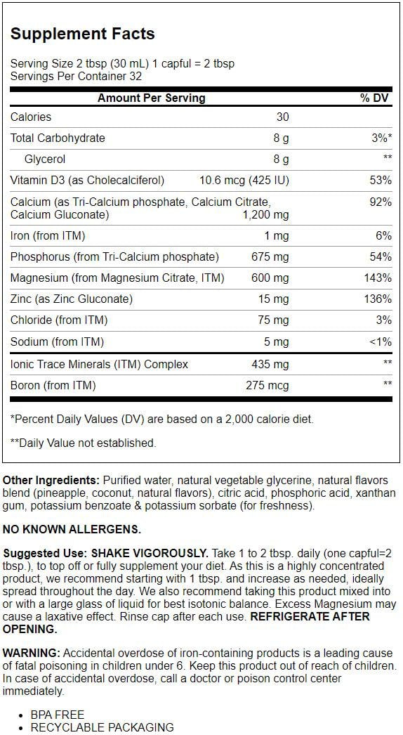 Trace Minerals Liquid Cal/Mag/Zinc Supplement | Supports Tissue, Muscle, Bone Density | Piña Colada Flavor | 64 Servings, 32 fl oz