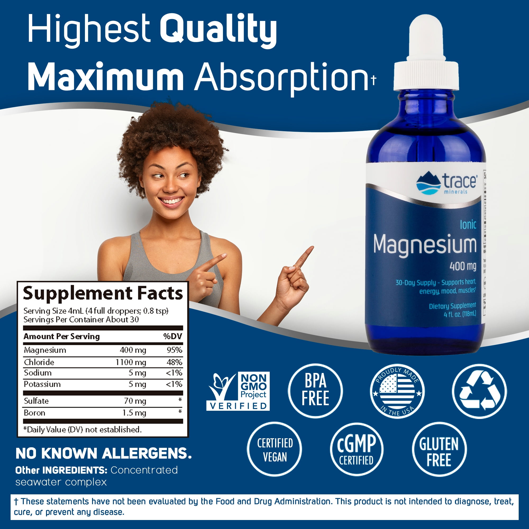 Trace Minerals Ionic Magnesium 400mg Liquid Supplement | Essential Body Functions Support | 4 fl oz