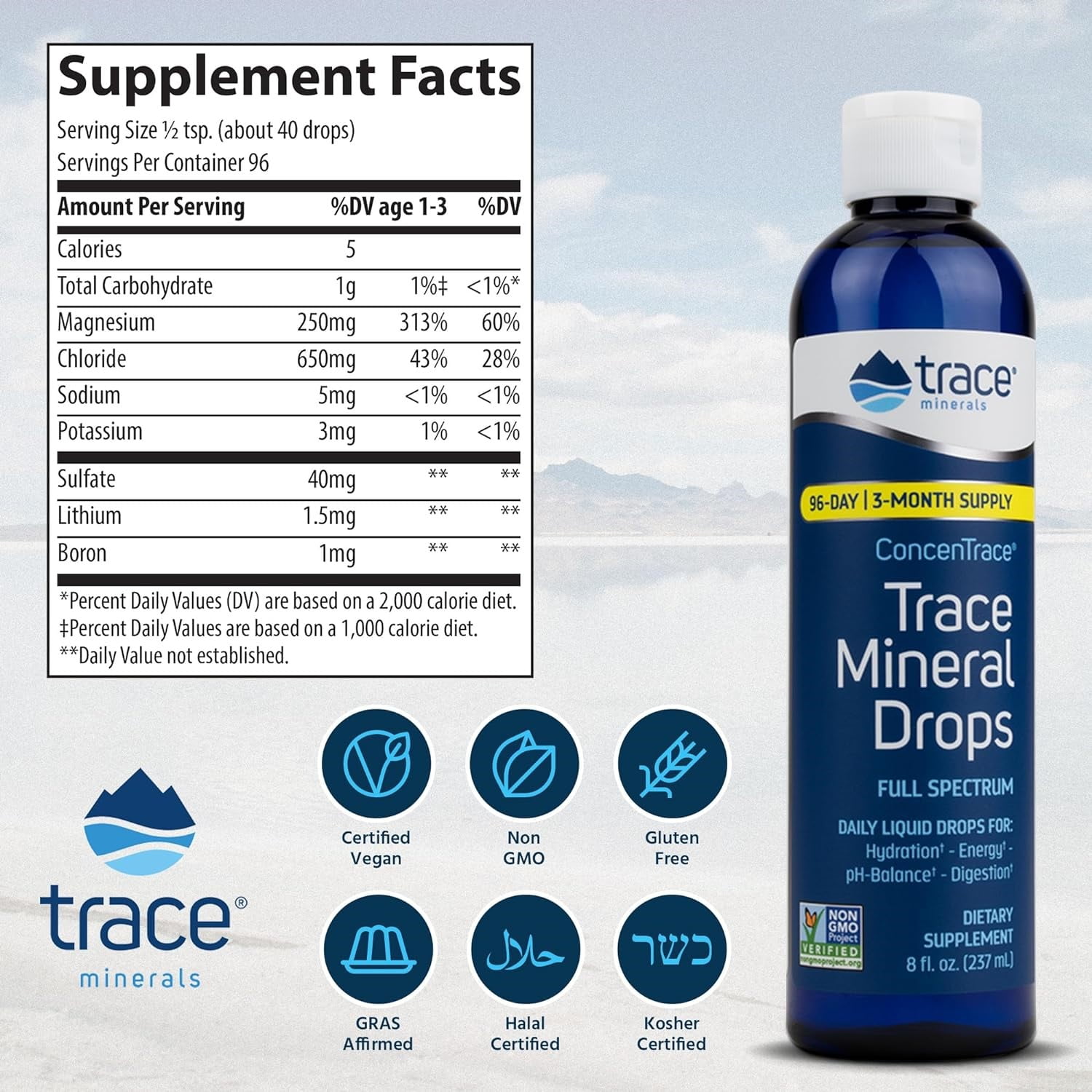 Trace Minerals ConcenTrace Drops | Full Spectrum Ionic Minerals | Liquid Magnesium, Potassium, Chloride | Energy Electrolytes | 288-Day Supply | 8 fl oz (3-Pack)