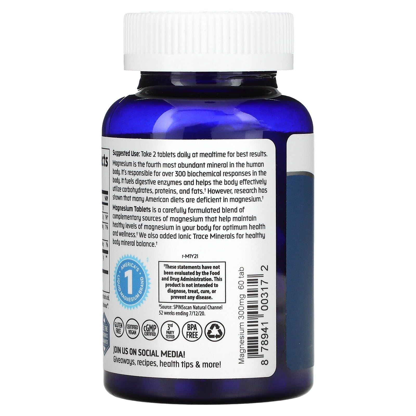 Trace Minerals Magnesium Tablets for Cellular, Muscle, Immune & Bone Health - Unflavored 60 Tabs 300mg