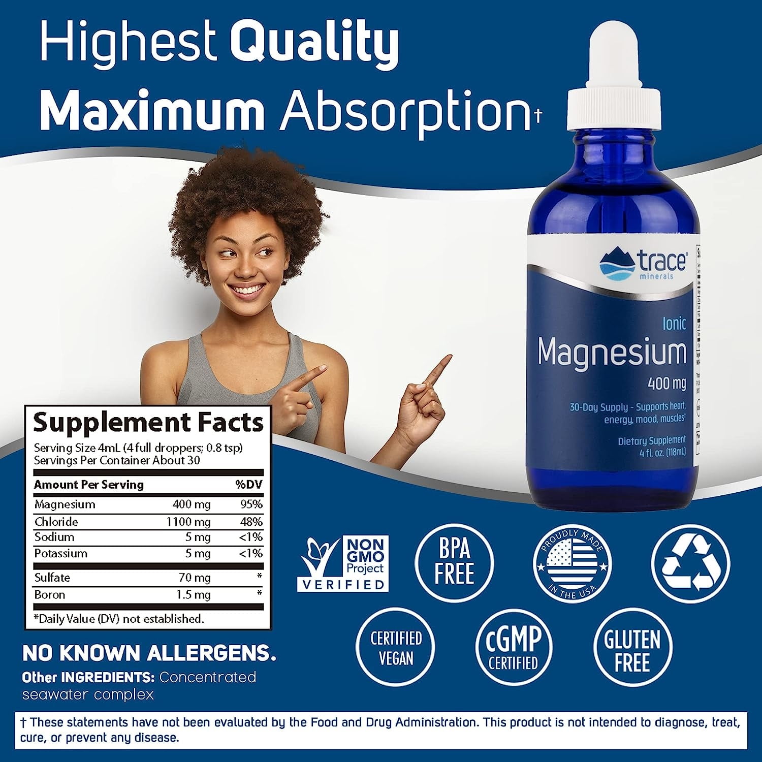 Trace Minerals Liquid Ionic Magnesium 400mg | Trace Minerals | 2 fl oz - Pack of 1 | 32 Servings