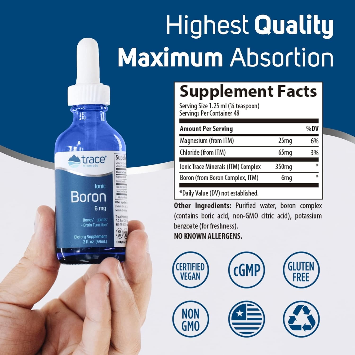 Trace Minerals Liquid Ionic Boron 6mg - Supports Bone, Brain & Joint Health - 48 Servings, 2 fl oz