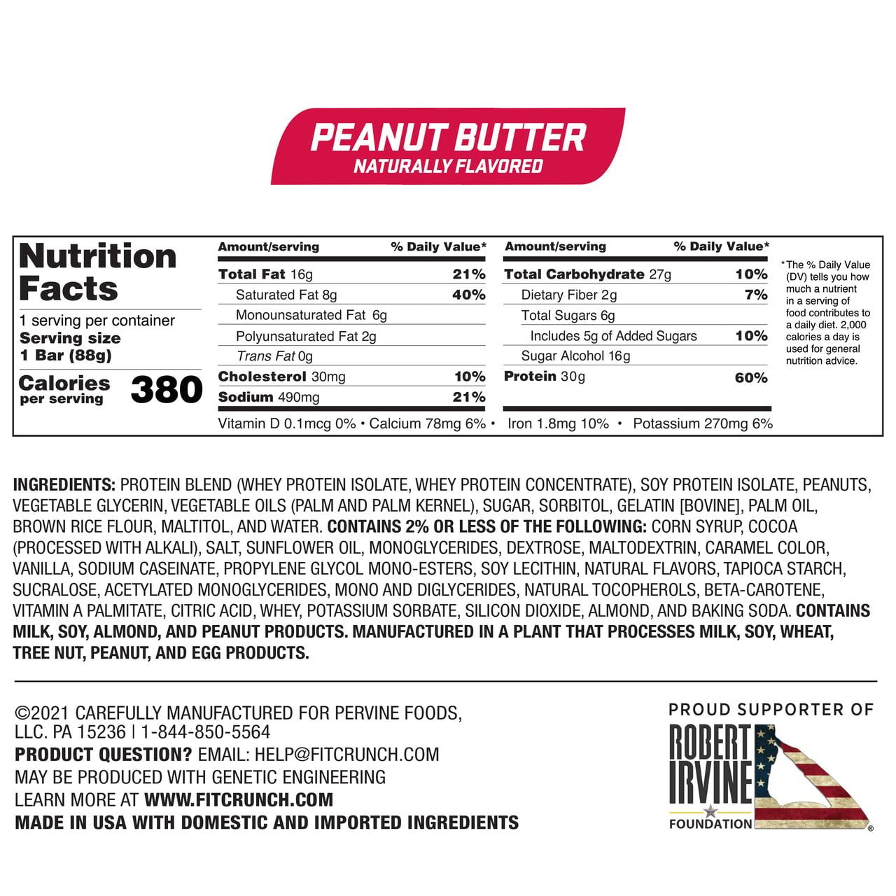 FITCRUNCH Chef Robert Irvine's FITCRUNCH Peanut Butter Protein Bar (3-Pack) - 30g Protein, 3.1 oz