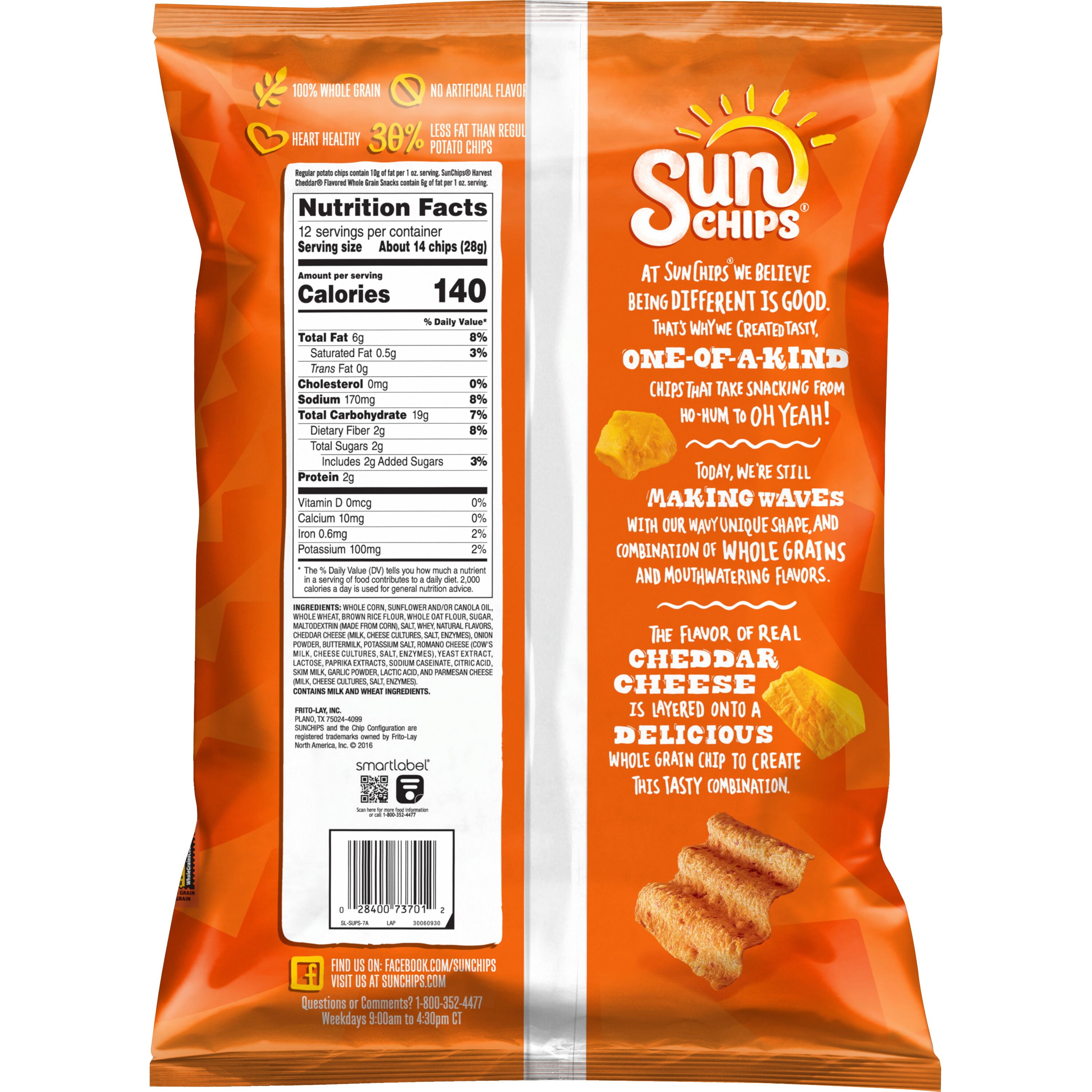 SunChips Harvest Cheddar Flavored Whole Grain Snacks, 12 oz Bag