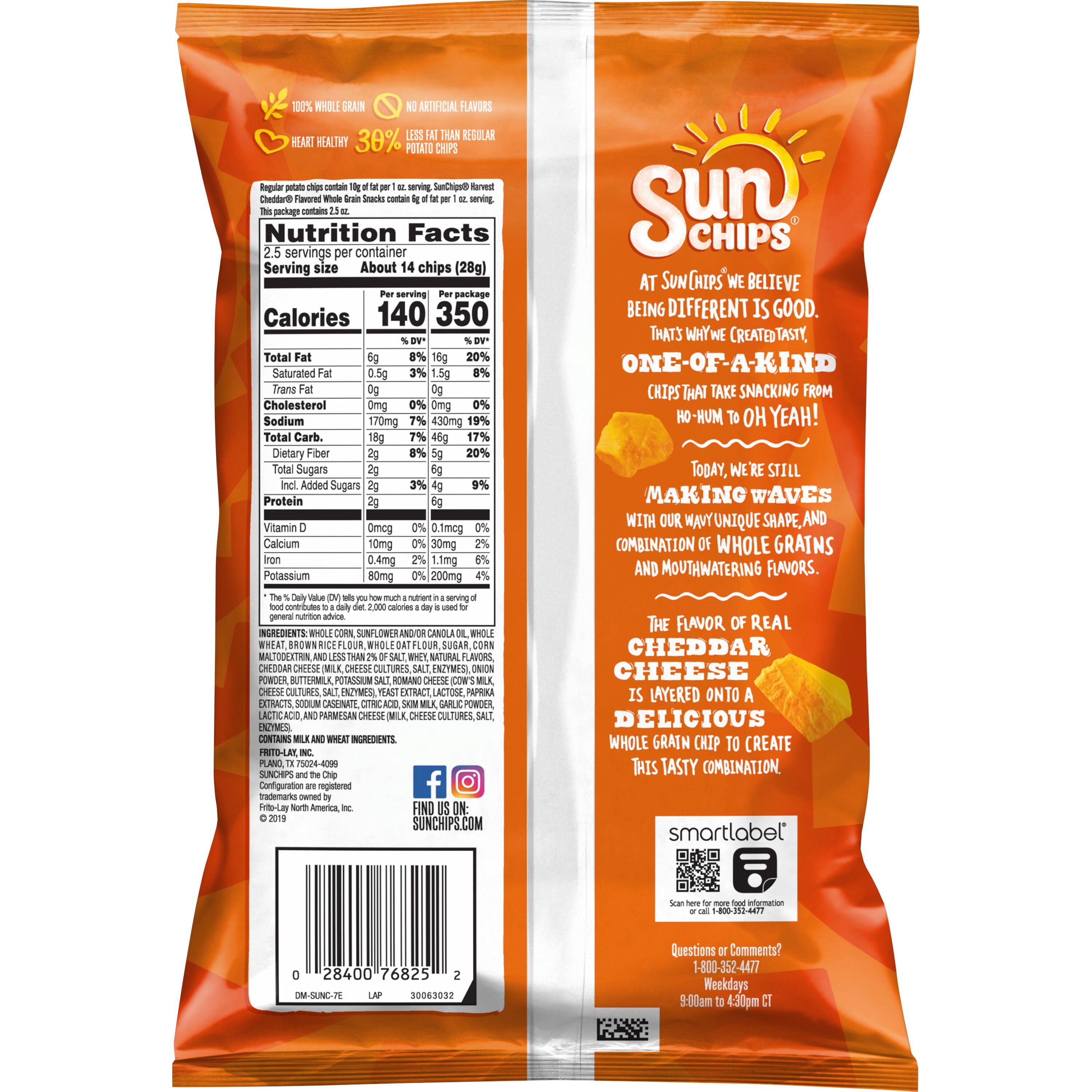 SunChips Harvest Cheddar Snack Chips, 2.5 oz Bag - Whole Grain Snacks